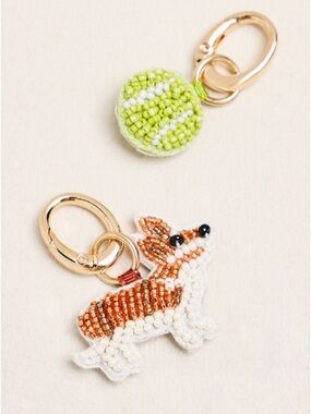 Anthropologie Brown and Yellow Beaded Dog Corgi Tennis Ball Shoe Charms